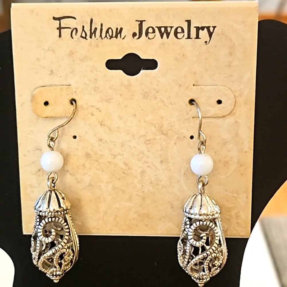 **Clearance** silver and white dangle earrings - Picture 1 of 3